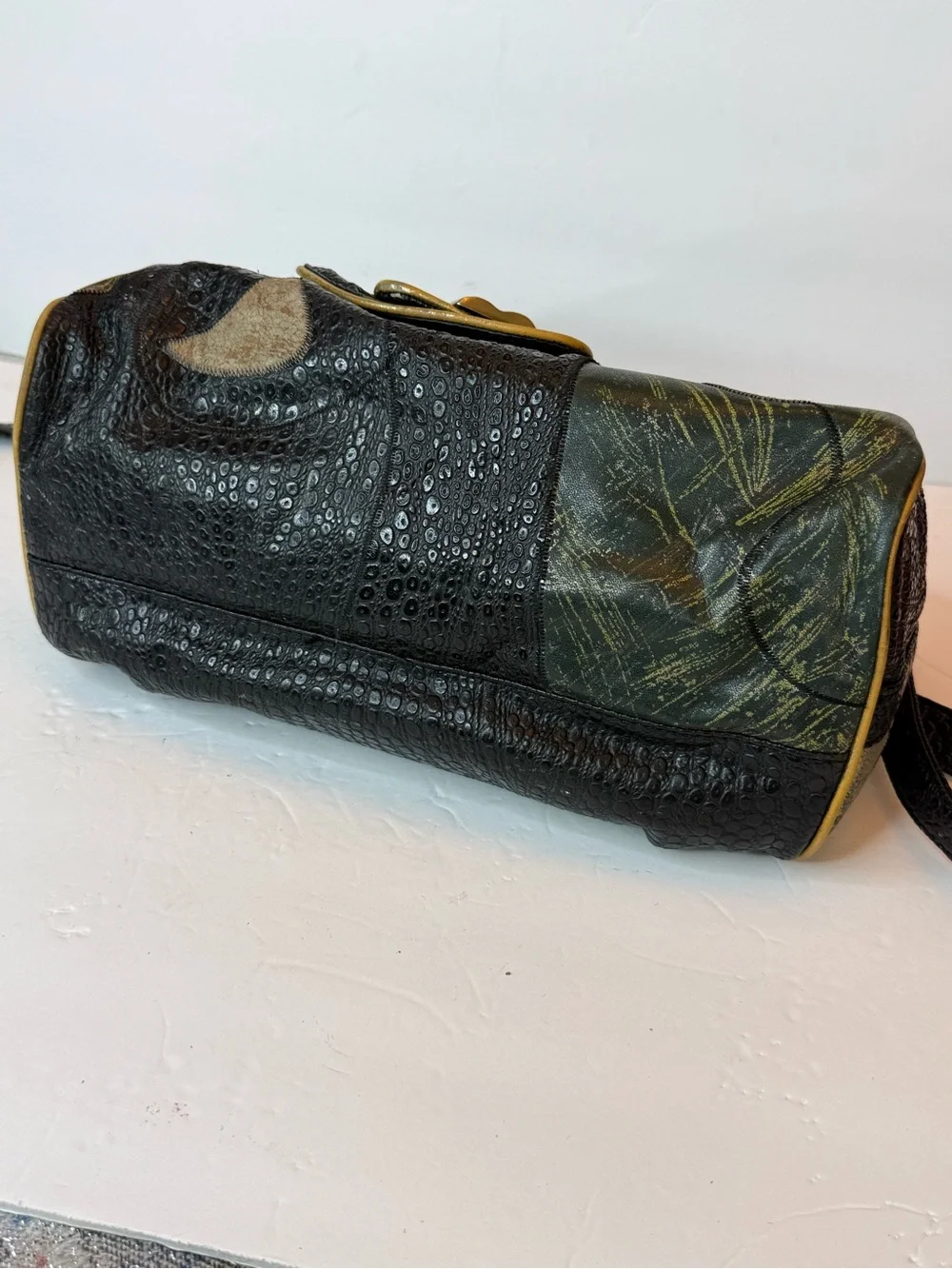 Vintage Artisan Abstract Patchwork Shoulder Bag in Green and Gold